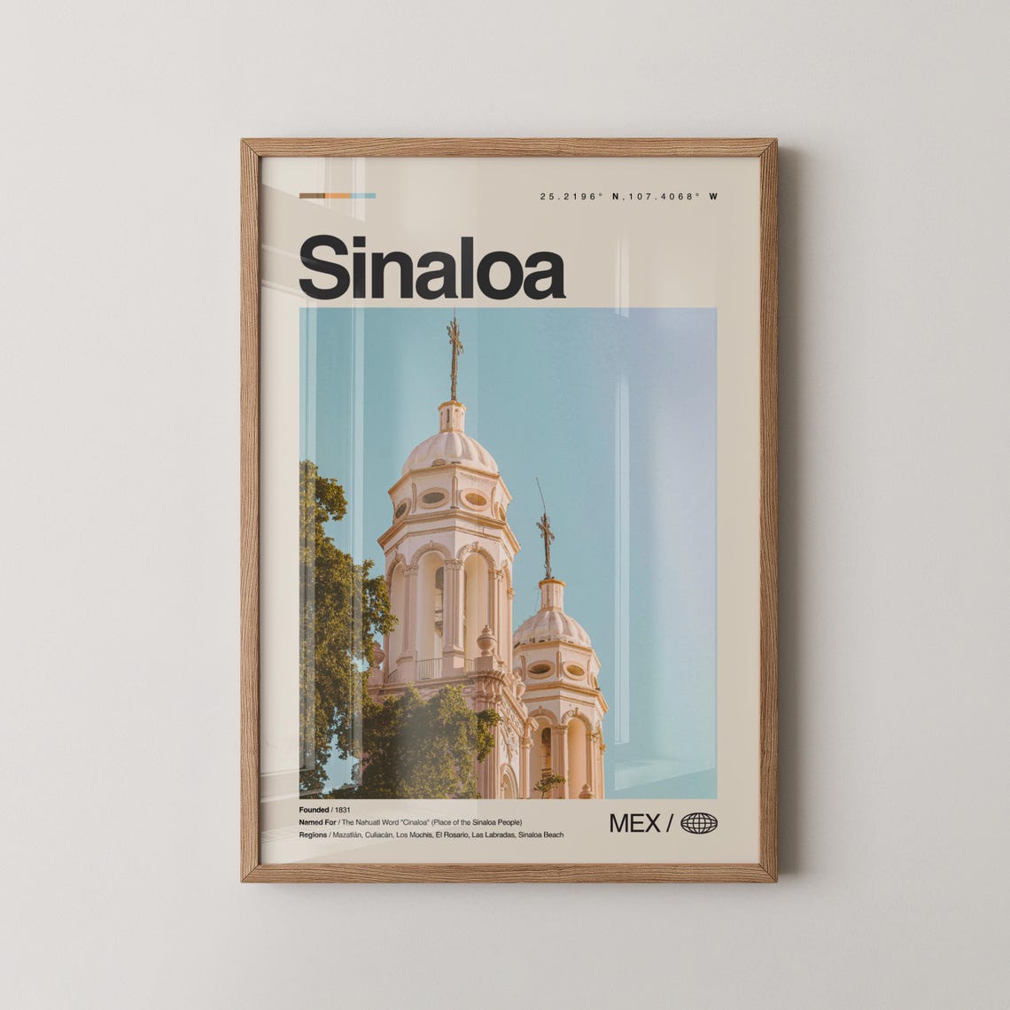 Sinaloa Mexico Travel Poster With White Cathedral Towers And Blue Sky