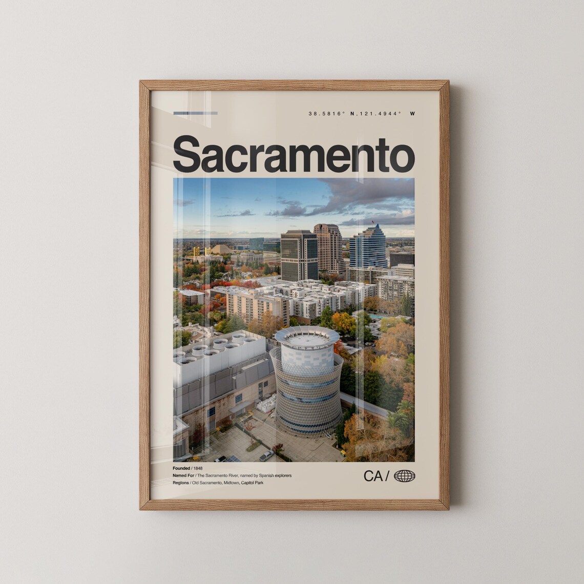 Sacramento California Travel Poster Downtown Skyline Aerial Photo City Art