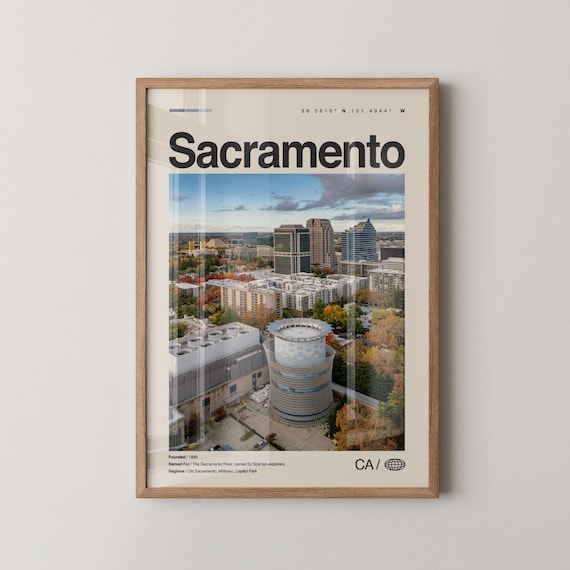 Sacramento California Travel Poster Downtown Skyline Aerial Photo City Art
