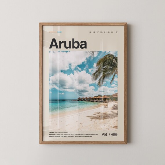 Aruba Caribbean White Sand Beach Palms Minimalist Travel Poster