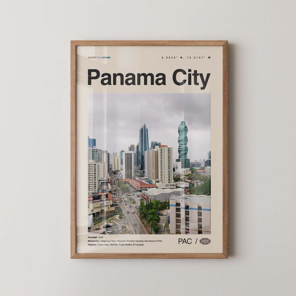 Panama City Skyline Travel Poster Downtown Photo Coordinates Gift Wall Decor