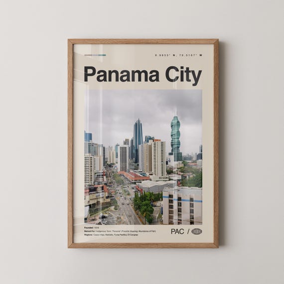 Panama City Skyline Travel Poster Downtown Photo Coordinates Gift Wall Decor