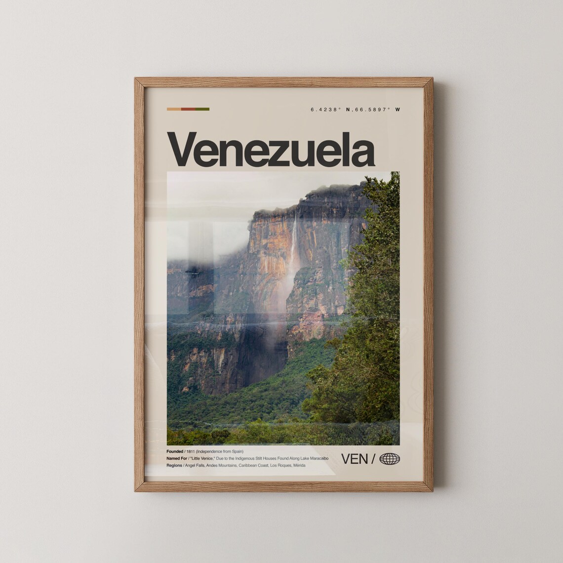 Venezuela Travel Poster, Angel Falls and Caracas