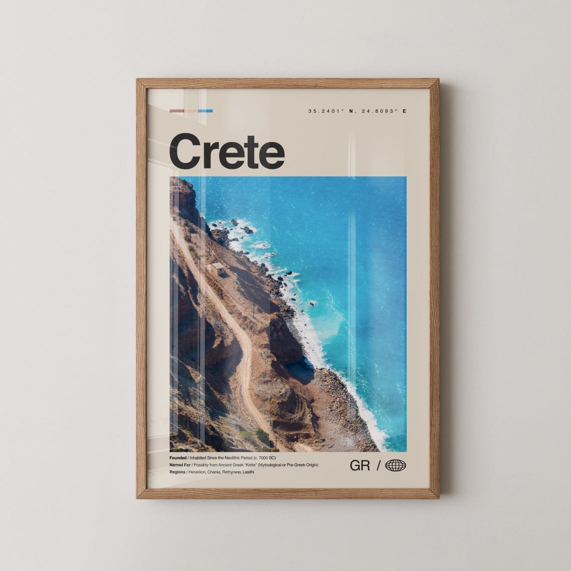 Crete Greece Turquoise Coast Cliffs Retro Island Travel Poster