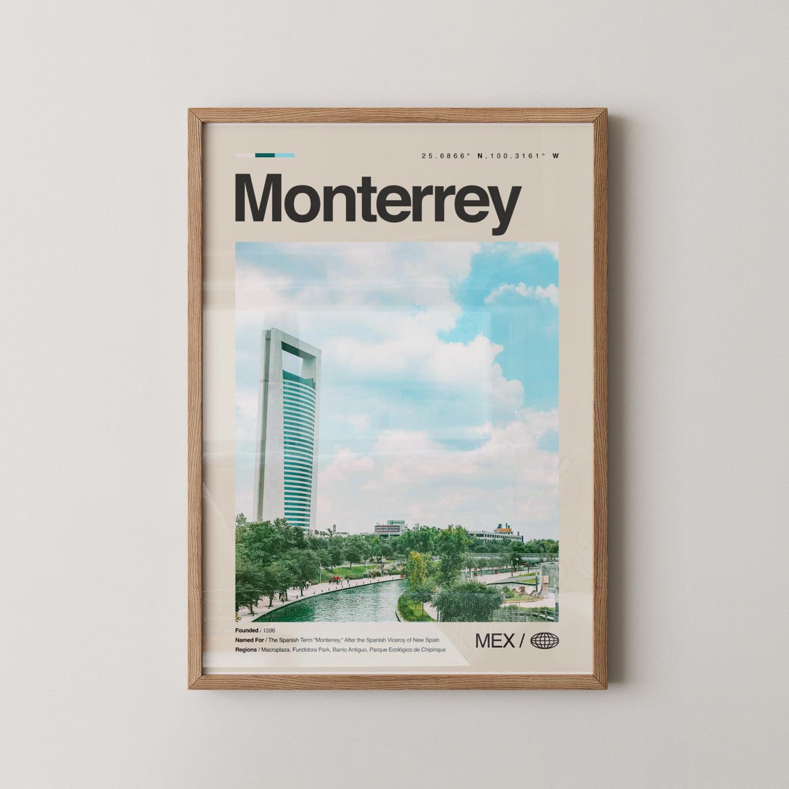 Monterrey Mexico Skyline Travel Poster With Tower And River Photo