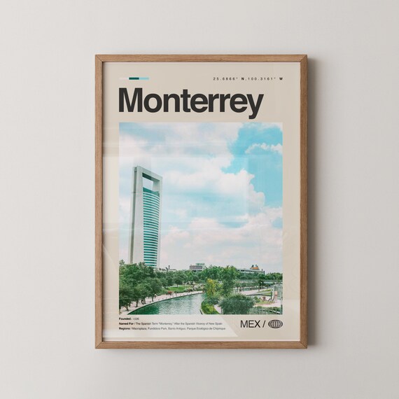 Monterrey Mexico Skyline Travel Poster With Tower And River Photo