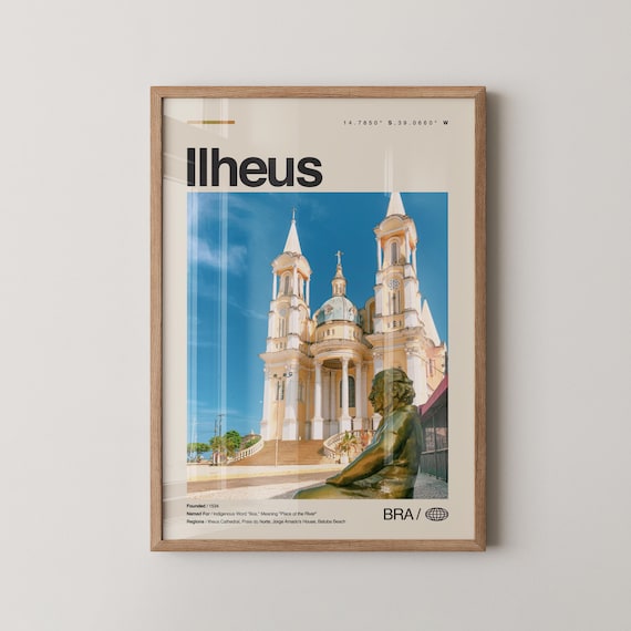 Ilheus Brazil Travel Poster Cathedral Statue Photo Modern City View