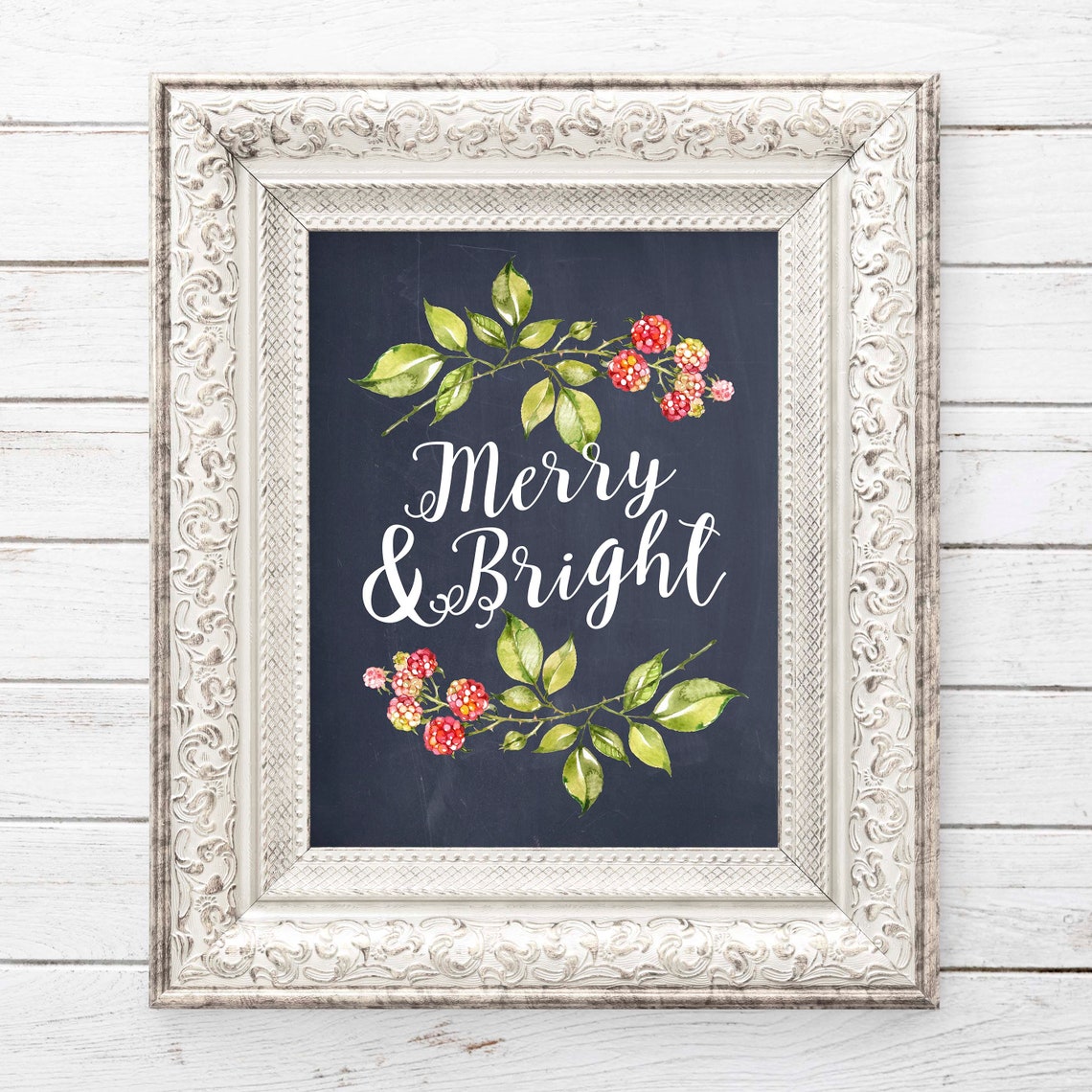 Merry And Bright Chalkboard Christmas Berry Botanical Holiday Poster - Image 2