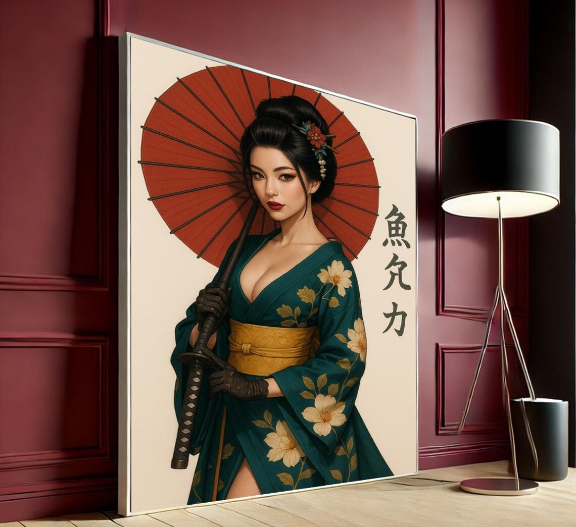 Japanese Woman Kimono Red Parasol Sword Elegant Warrior Art Poster