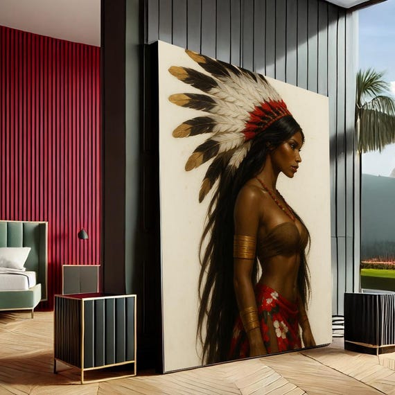 Empowering Native Woman Portrait Modern Canvas Wall Art Print Red Gold Living Room Decor Statement Piece