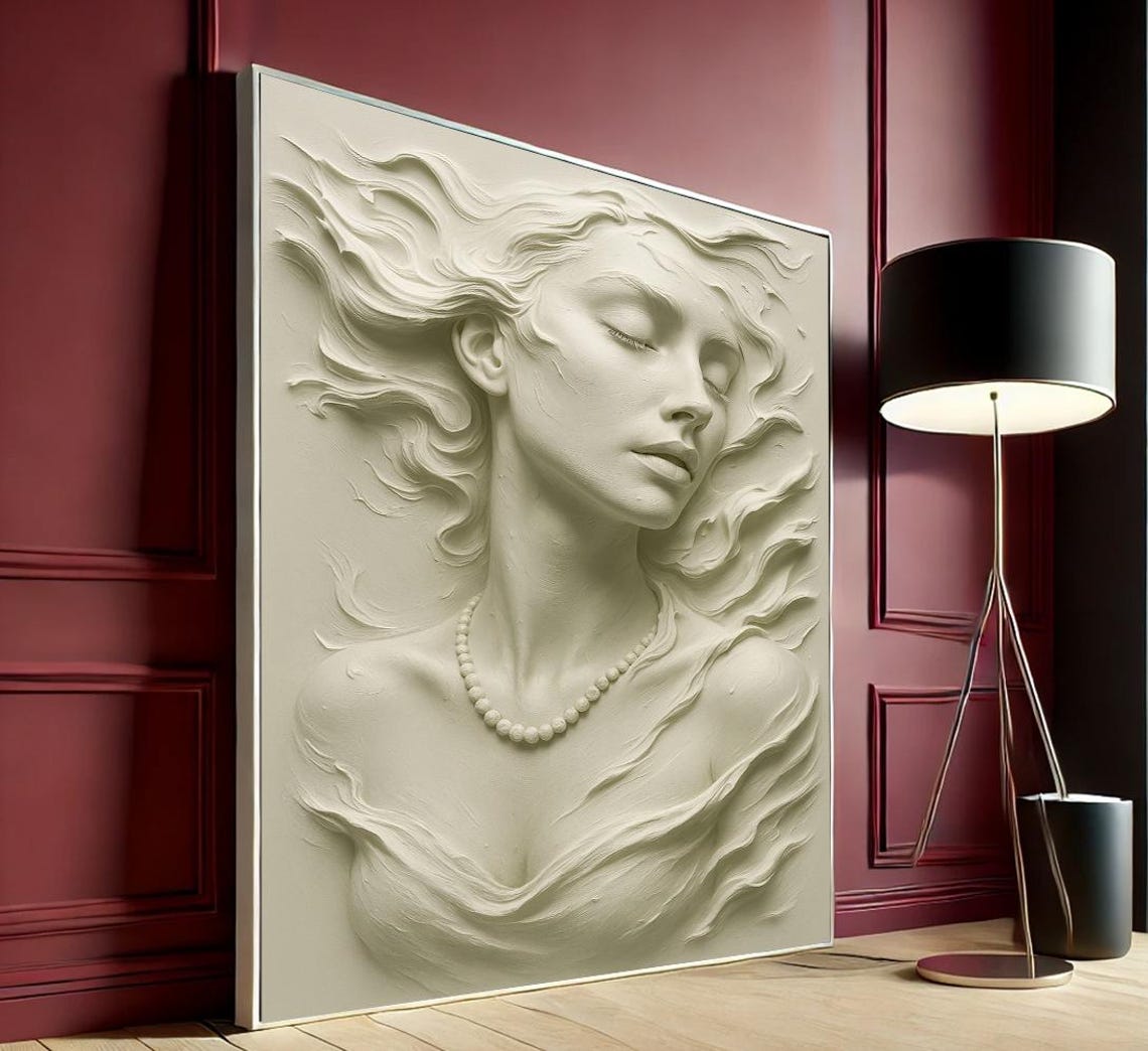 Elegant 3d Woman Face Relief Canvas Minimalist Sculpture Style Wall Art Neutral Textured Print Modern Home Decor
