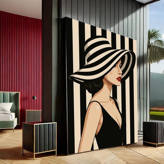 Bold Woman In Striped Hat Pop Art Canvas Wall Print Black White Living Room Decor Statement Piece