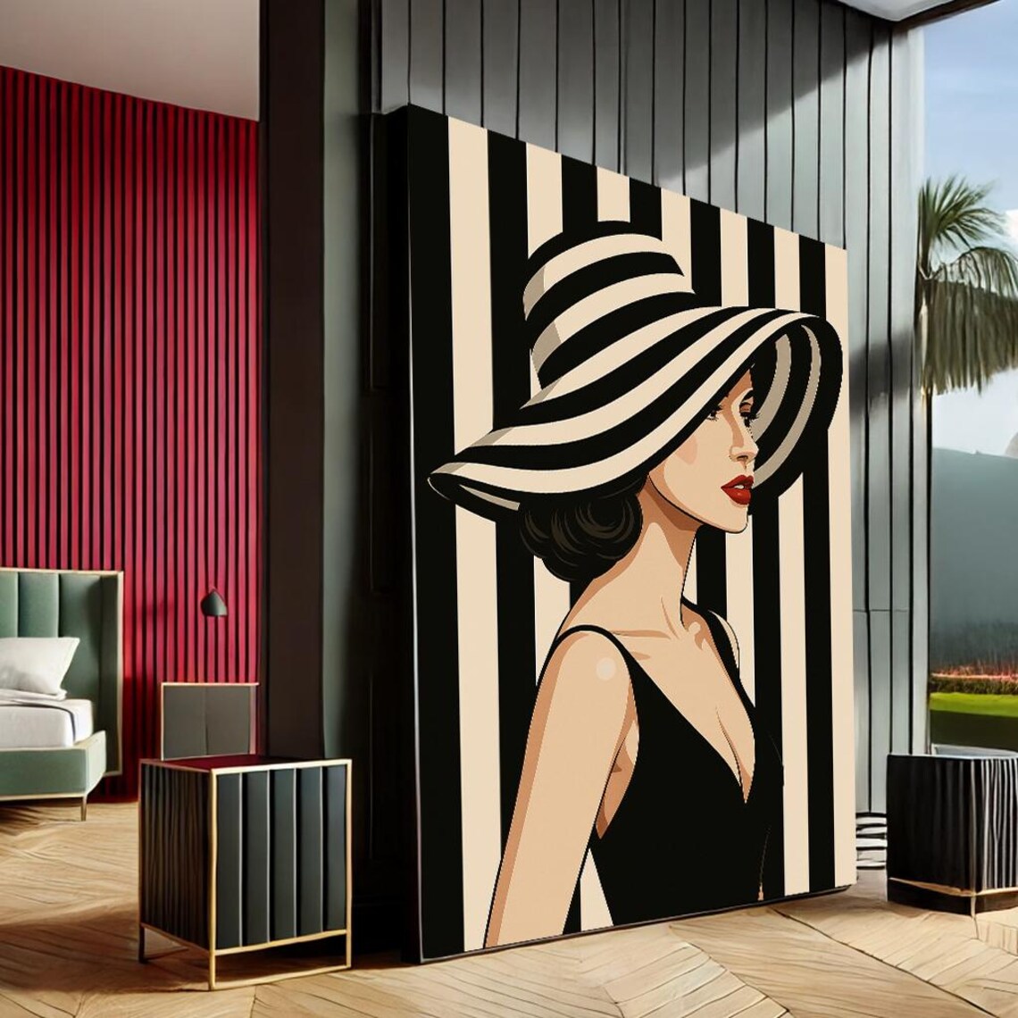 Elegant Woman in Striped Hat Black White Pop Art Style Portrait Poster