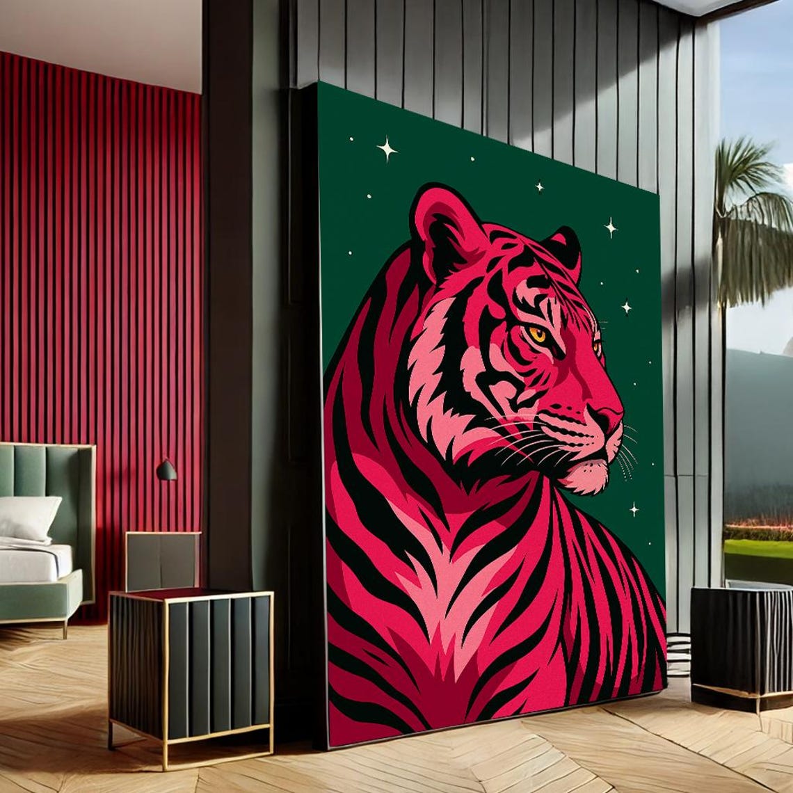 Vibrant Tiger Pop Art Canvas Wall Print Bold Red Green Living Room Decor Statement Piece