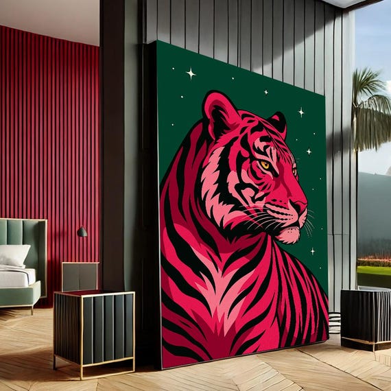 Vibrant Tiger Pop Art Canvas Wall Print Bold Red Green Living Room Decor Statement Piece