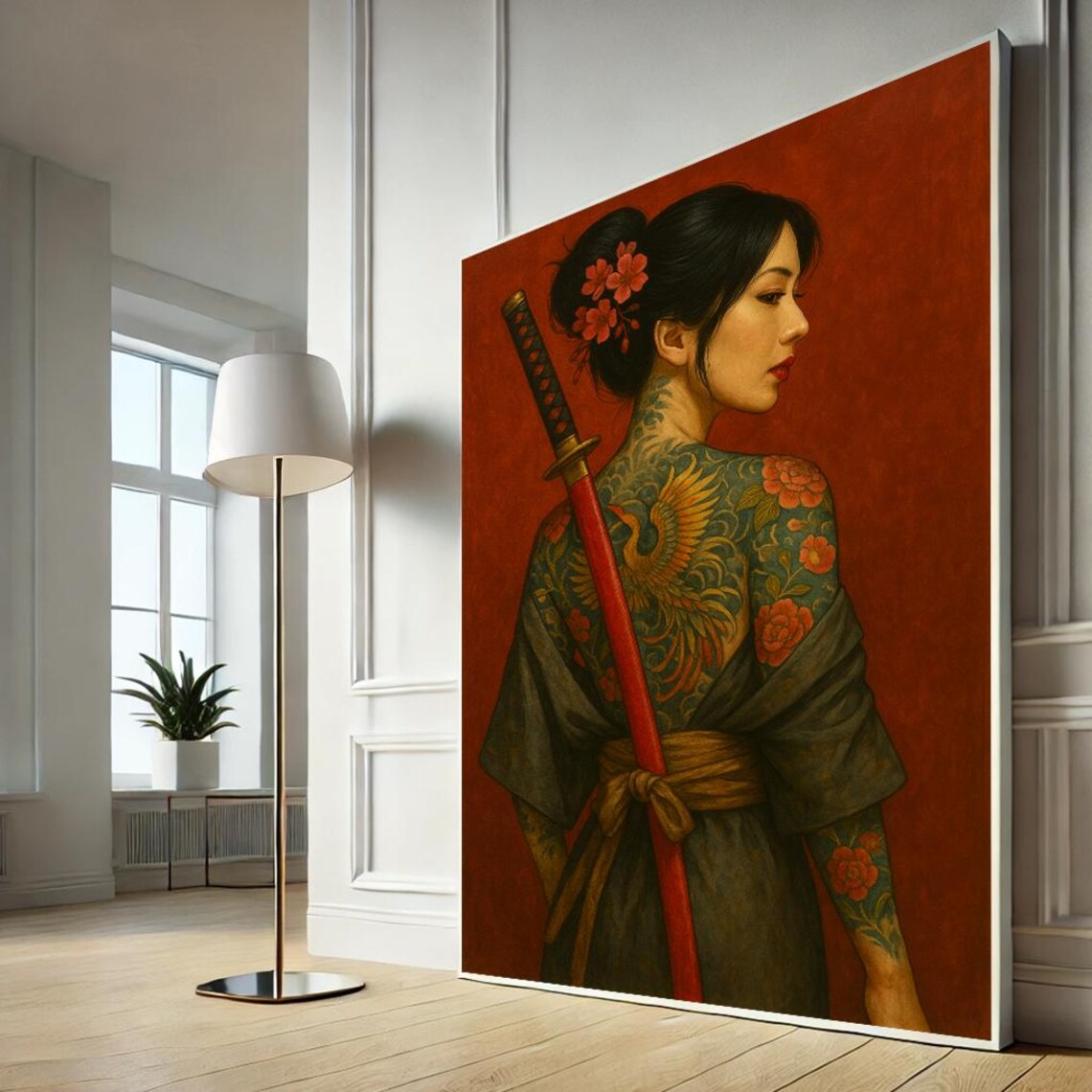 Samurai Woman Kimono Katana Dragon Tattoo Japanese Art Poster