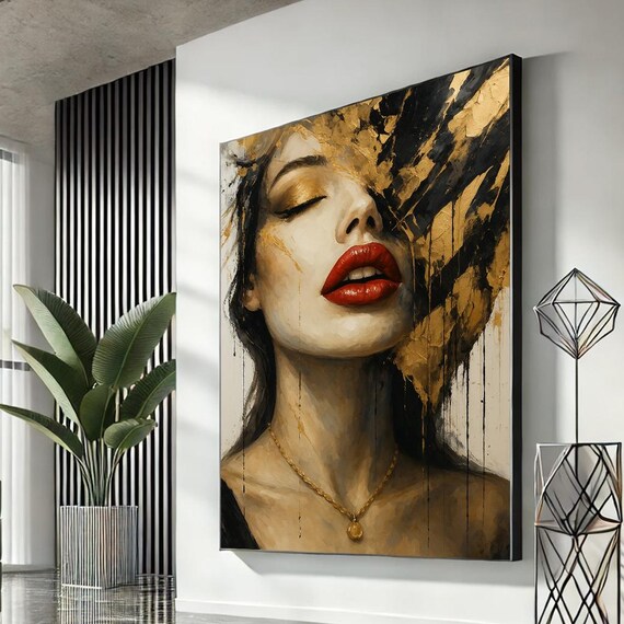 Elegant Gold and Black Woman Portrait Red Lips Luxe Art Poster