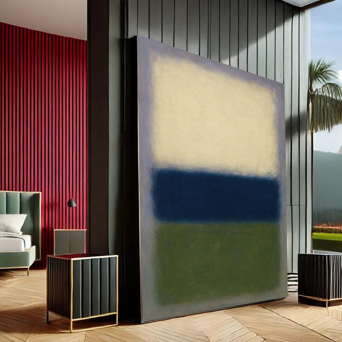 Cream Navy and Green Color Field Abstract Modern Minimalist Wall Art