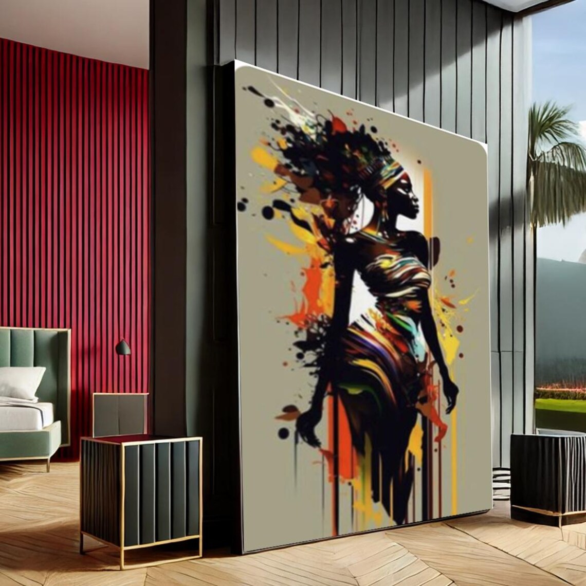 Abstract Woman Portrait Black Orange Paint Splash Modern Art Poster