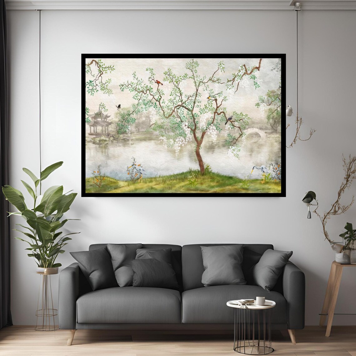 Japanese Garden Lake Pagoda Birds Blossom Tree Chinoiserie Wall Art