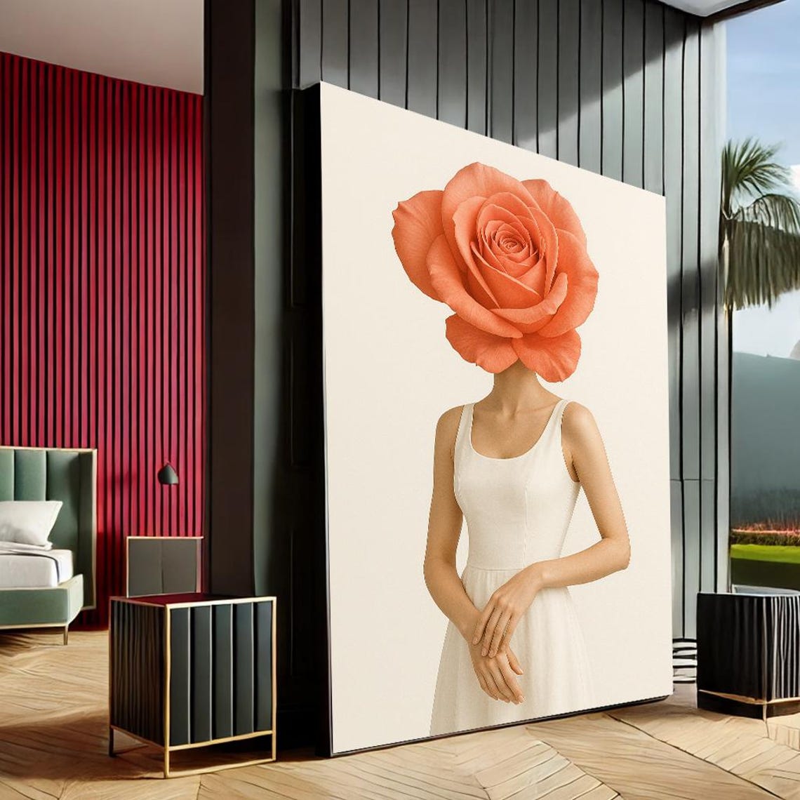 Whimsical Rose Head Woman Coral Bloom Minimalist Canvas Wall Art