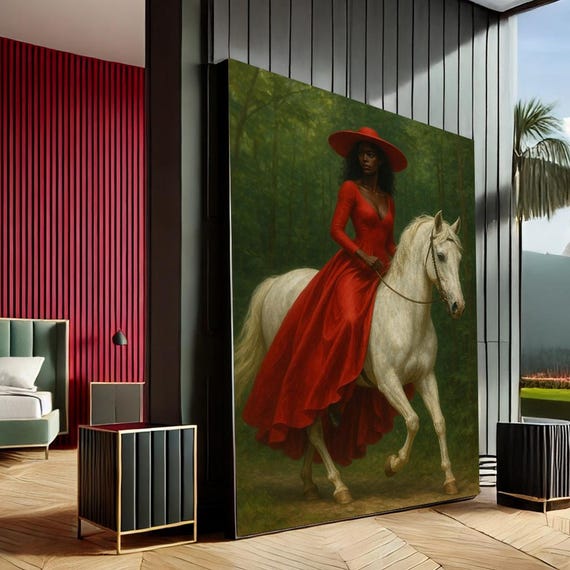 Majestic Woman On Horseback Classic Canvas Wall Art Print Red Green Living Room Decor Statement Piece