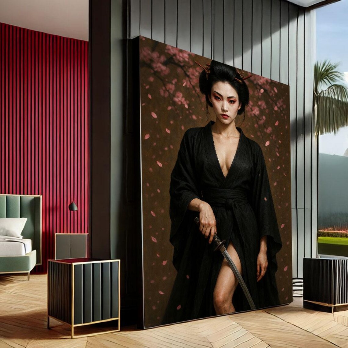 Japanese Woman Black Kimono Katana Cherry Blossom Petals Wall Art