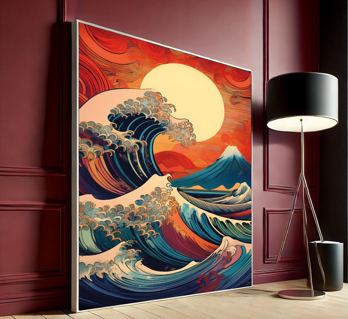 Hokusai Great Wave Red Moon Clouds Mount Fuji Ocean Night Print