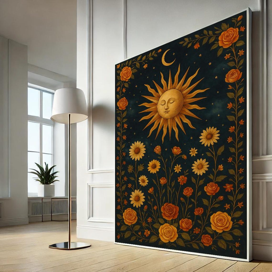 Boho Sun and Moon Celestial Floral Art Poster with Vintage Face