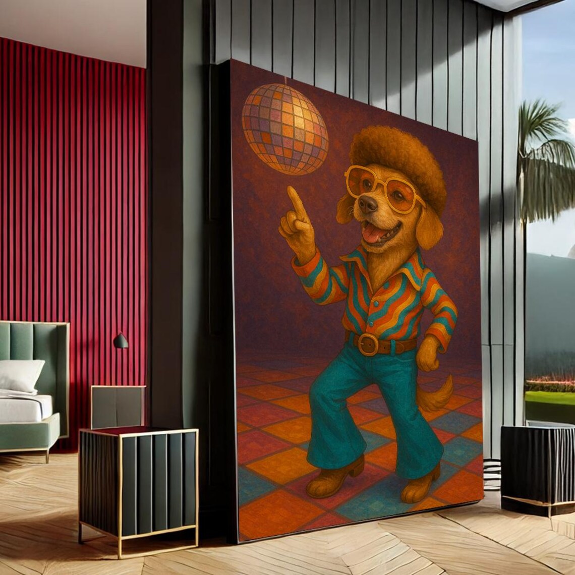 Retro Disco Dog Pop Art in 70s Outfit with Disco Ball Canvas Print