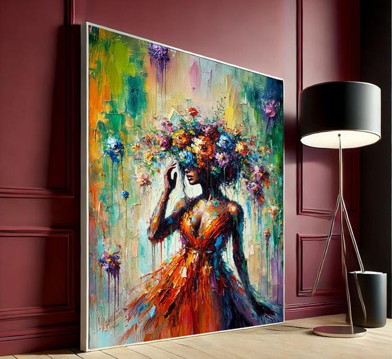 Colorful Woman Canvas Wall Art Print Vibrant Abstract Portrait With Floral Headpiece Stunning Modern Decor Lovers