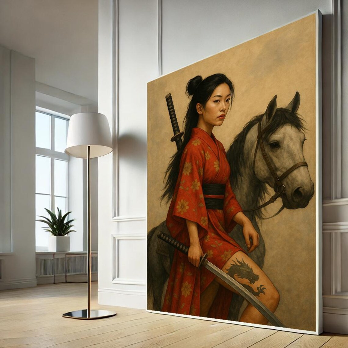 Samurai Woman With Horse Katana Japanese Warrior Elegant Art Poster