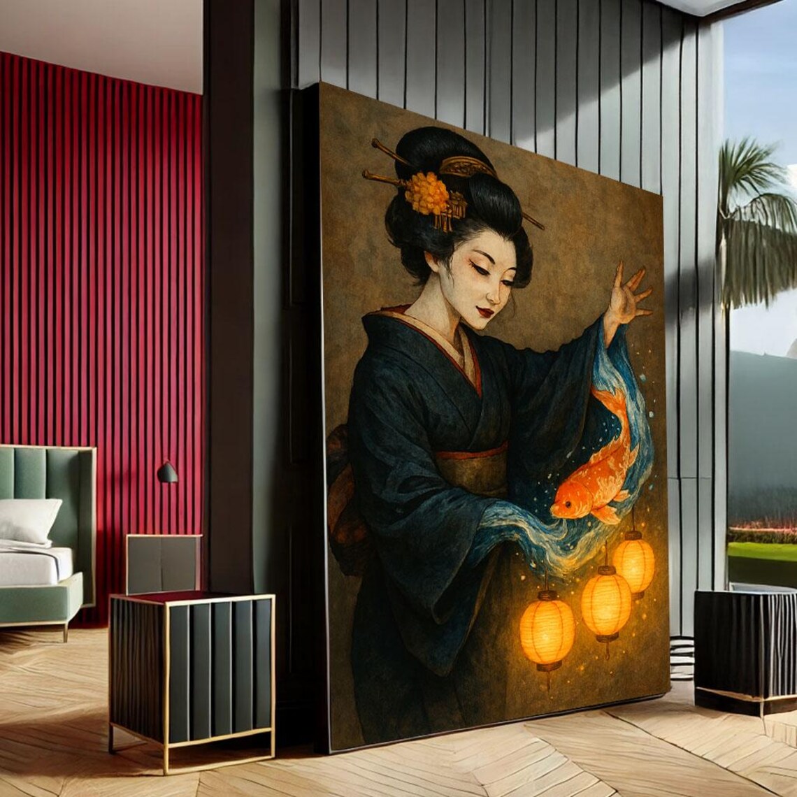 Japanese Geisha with Koi Fish and Lanterns Warm Golden Art Poster