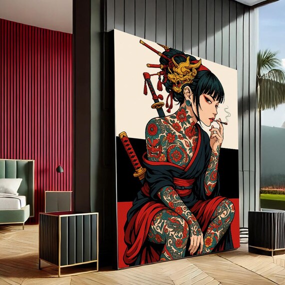Tattooed Geisha Pop Art Red Black Japanese Samurai Woman Canvas Poster