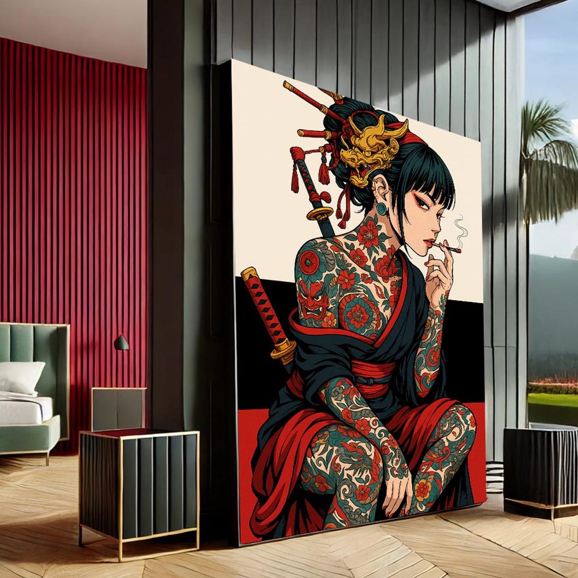 Tattooed Geisha Pop Art Red Black Japanese Samurai Woman Canvas Poster