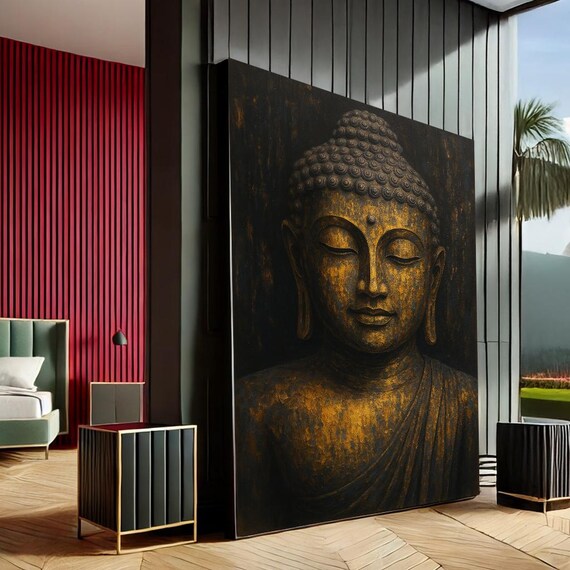 Serene Buddha Modern Canvas Wall Art Print Black Gold Living Room Decor Statement Piece