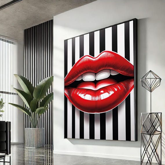 Woman Lips Pop Art Canvas Red Wall Modern Trendy Fashion Artwork Statement Home Accent Unique Gift For Lovers
