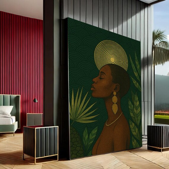 African Woman Golden Halo Portrait Green Botanical Luxury Art Poster