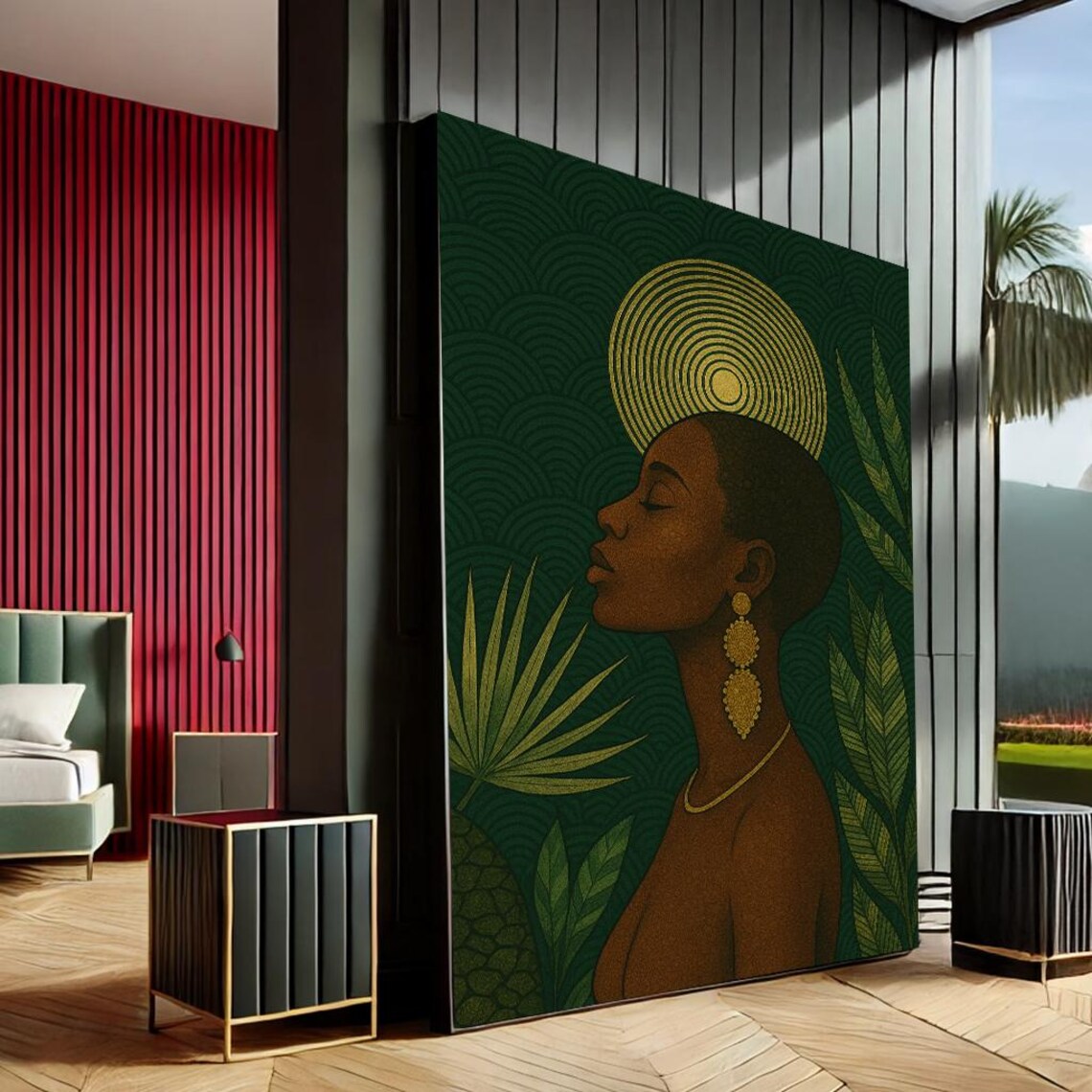 African Woman Golden Halo Portrait Green Botanical Luxury Art Poster