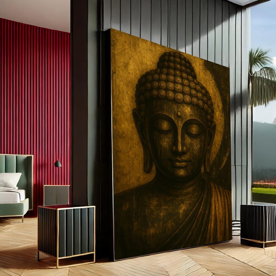 Serene Buddha Modern Canvas Wall Art Print Gold Black Living Room Decor Ready To Hang