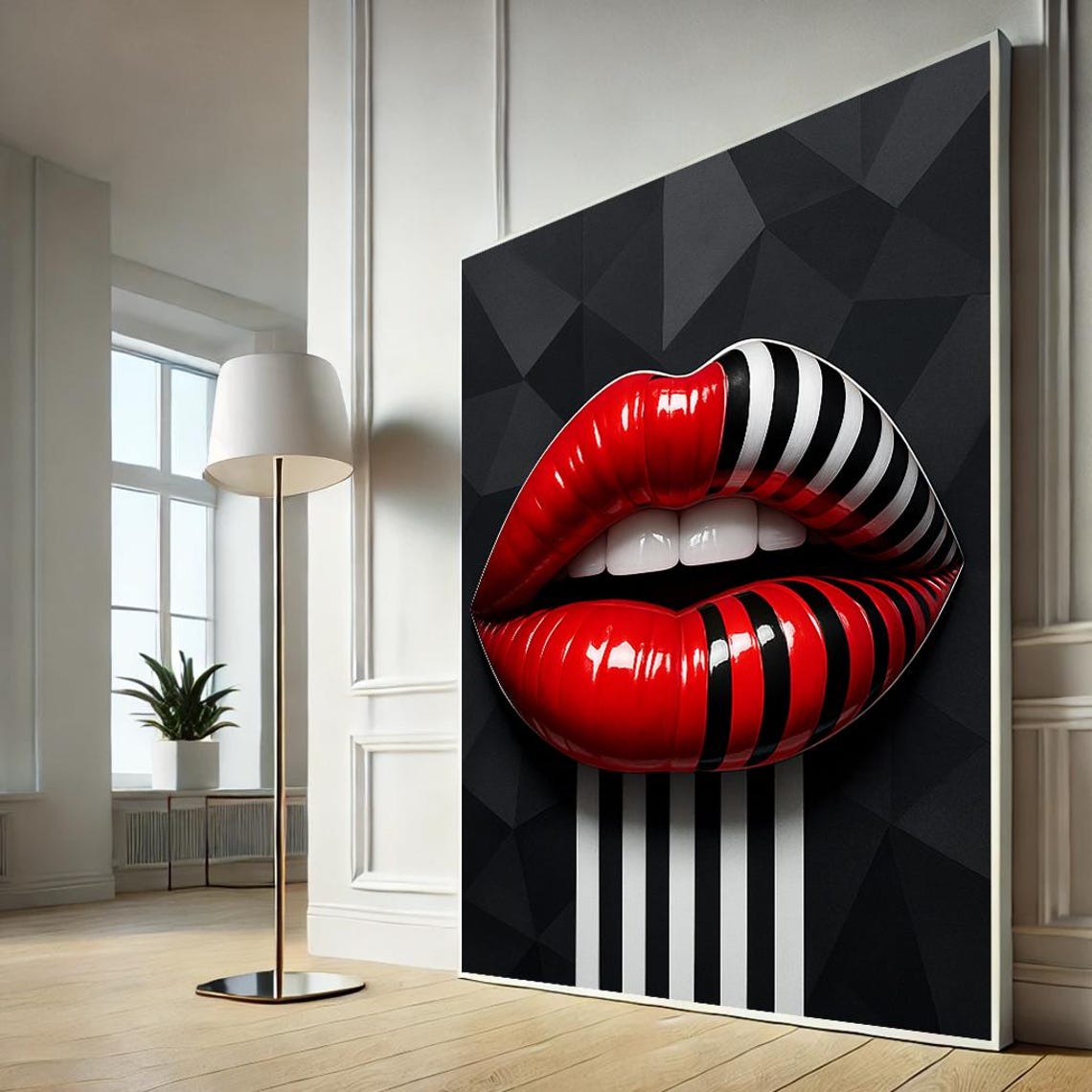 Striped Red Black Lips Pop Art Poster on Geometric Dark Wall