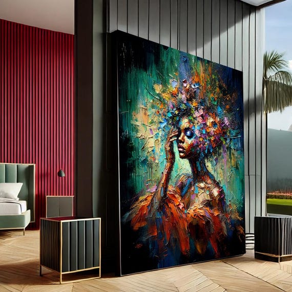 Colorful Woman Canvas Wall Art Print Vibrant Abstract Portrait With Floral Headpiece Stunning Modern Decor Lovers