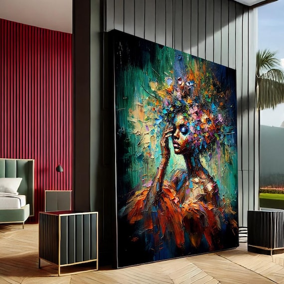 Colorful Woman Impasto Floral Crown Textured Portrait Canvas Print
