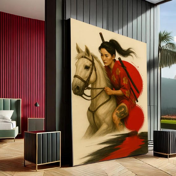 Empowering Samurai Woman Modern Canvas Wall Art Print Red Beige Living Room Decor Statement Piece