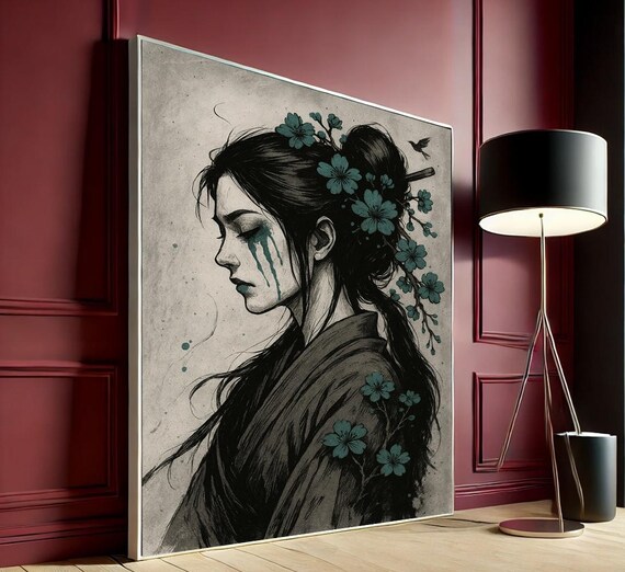 Serene Asian Woman Ink Portrait Teal Blossoms Elegant Canvas Wall Art