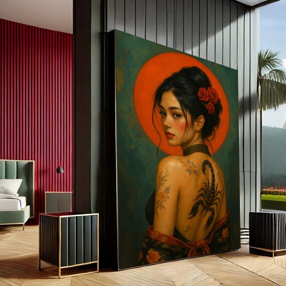 Woman with Scorpion Back Tattoo and Roses Modern Canvas Print