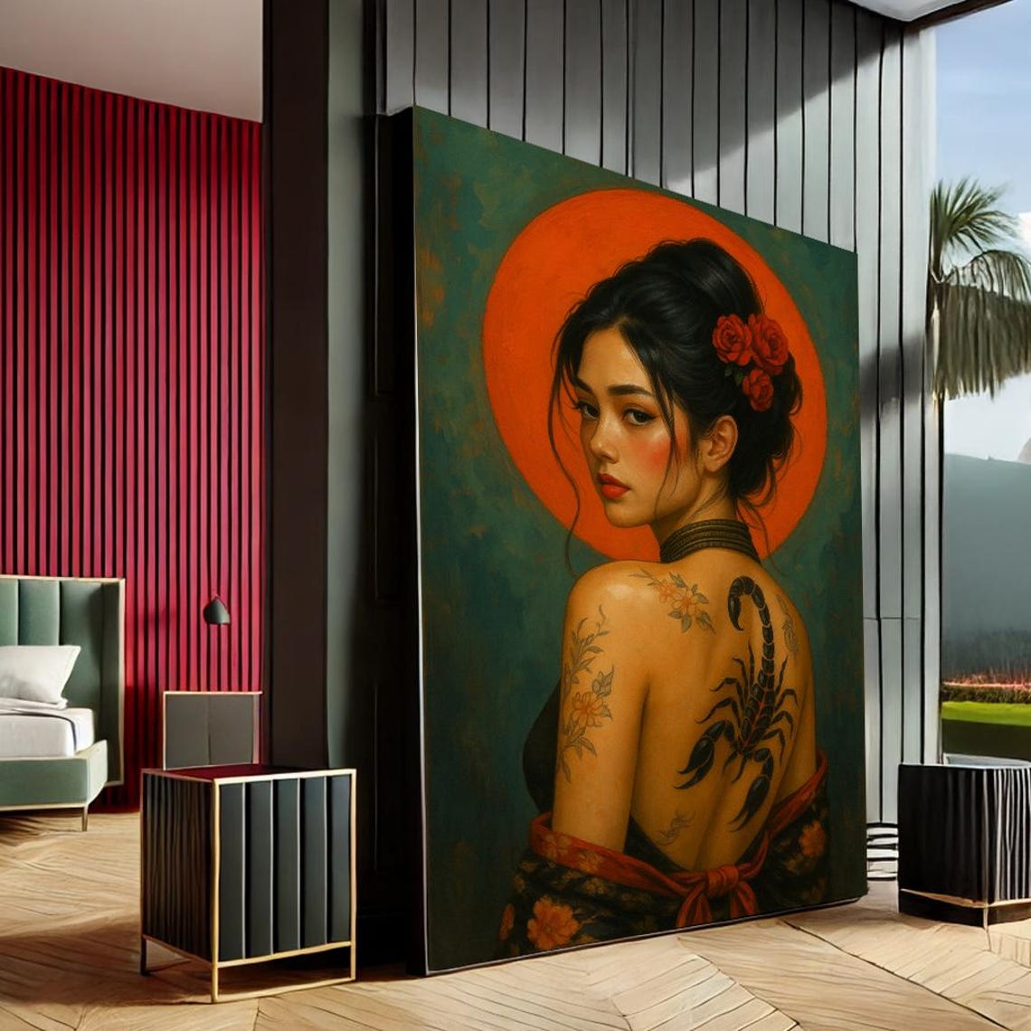 Woman with Scorpion Back Tattoo and Roses Modern Canvas Print