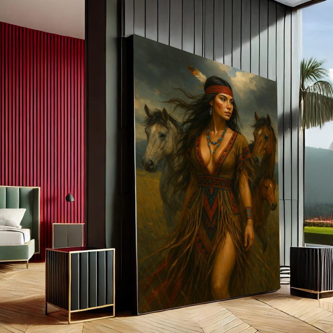 Native American Woman Horses Earthy Tones Dramatic Canvas Art Poster