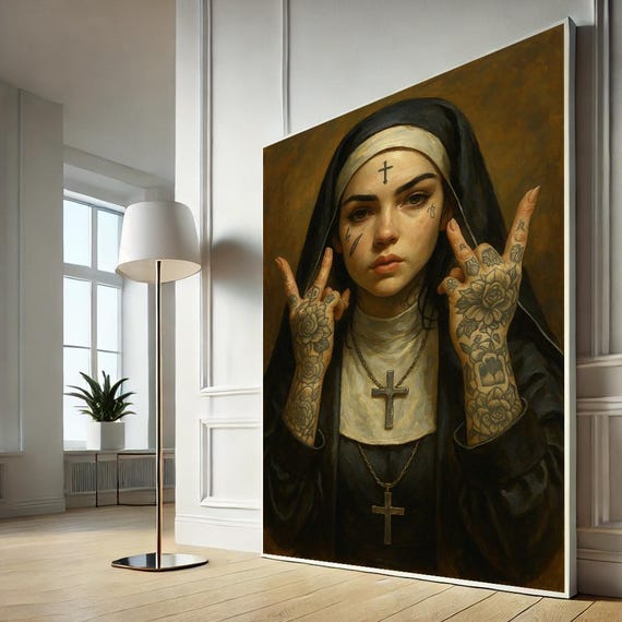 Tattooed Rebel Nun Canvas Wall Art Gothic Religious Decor For Bold Interior Lovers