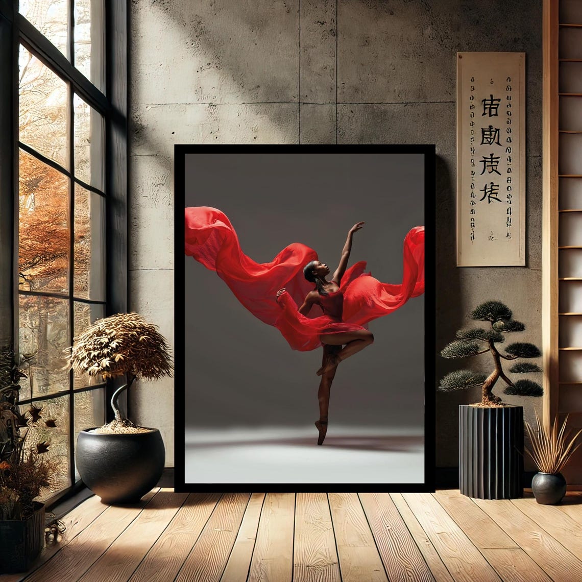 Red Ballerina Dramatic Flowing Fabric Dark Studio Ballet Dancer Poster